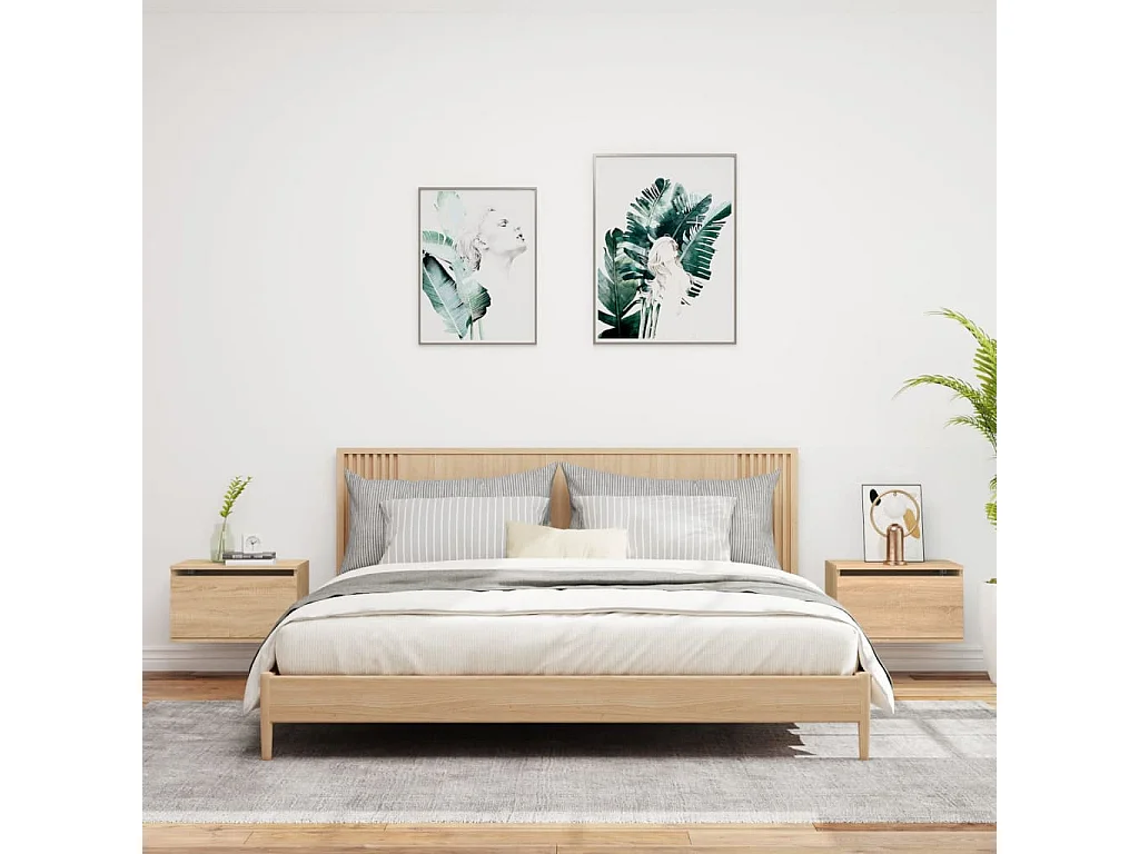 Tables de chevet murales avec lumières LED 2 pcs chêne sonoma