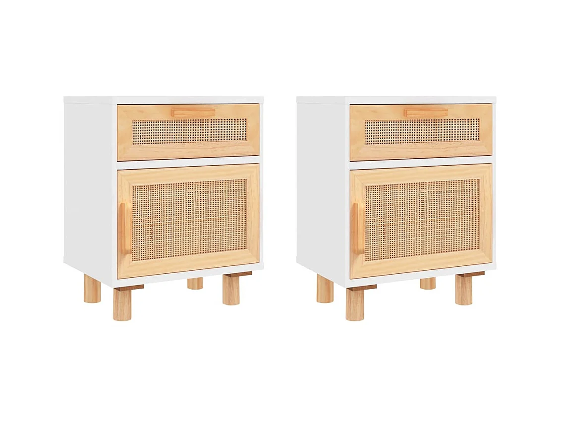 Comodini 2 pezzi Bianco Legno di pino massiccio e rattan naturale