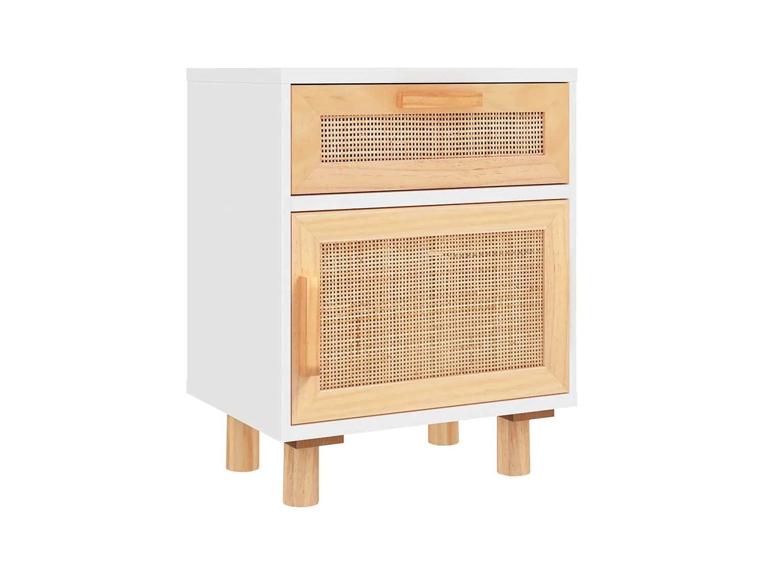 Table de chevet Blanc Bois de pin massif et rotin naturel