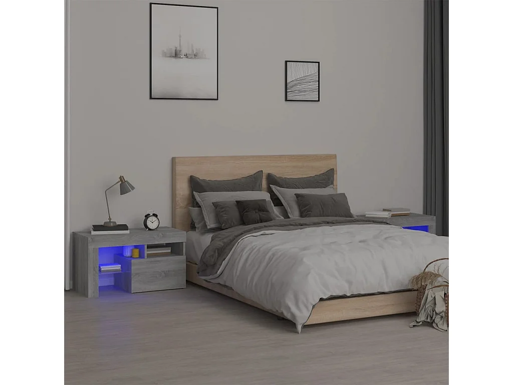 2 Nachttische und LED-Leuchten Sonomagrau 70x36,5x40cm