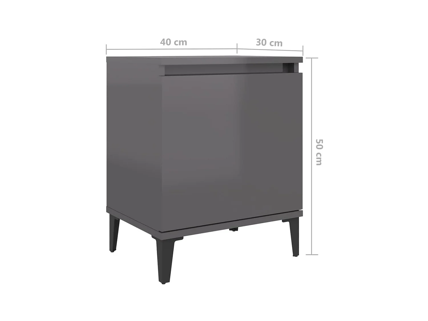 Comodino con gambe in metallo Grigio lucido 40x30x50 cm