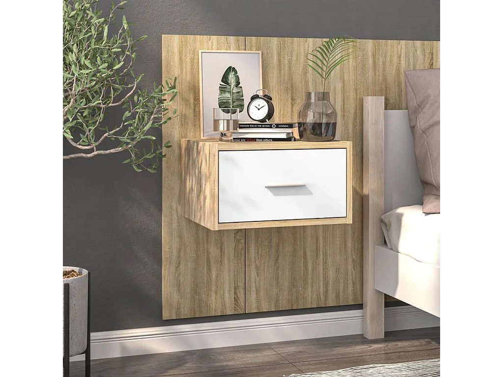 Nachtkastjes voor wandmontage 2 stuks Wit en Sonoma eiken