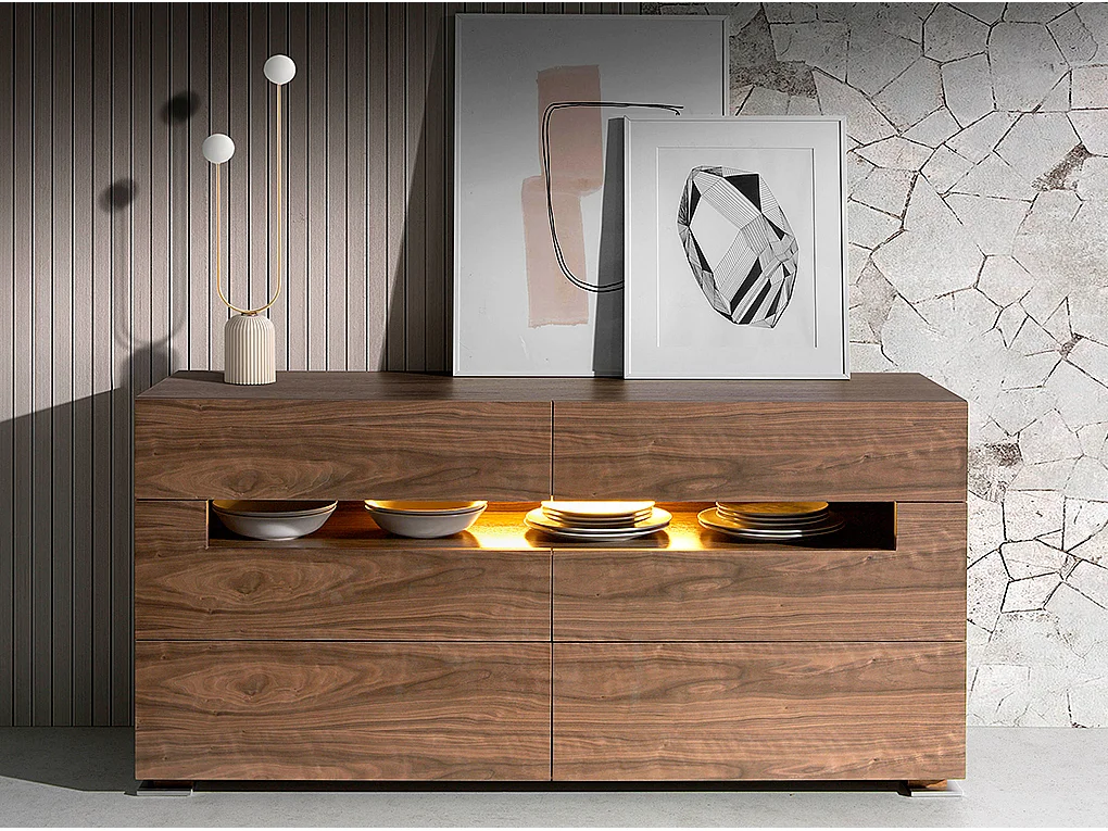 Kredens orzech i polerowana stal z oświetleniem wewnętrznym