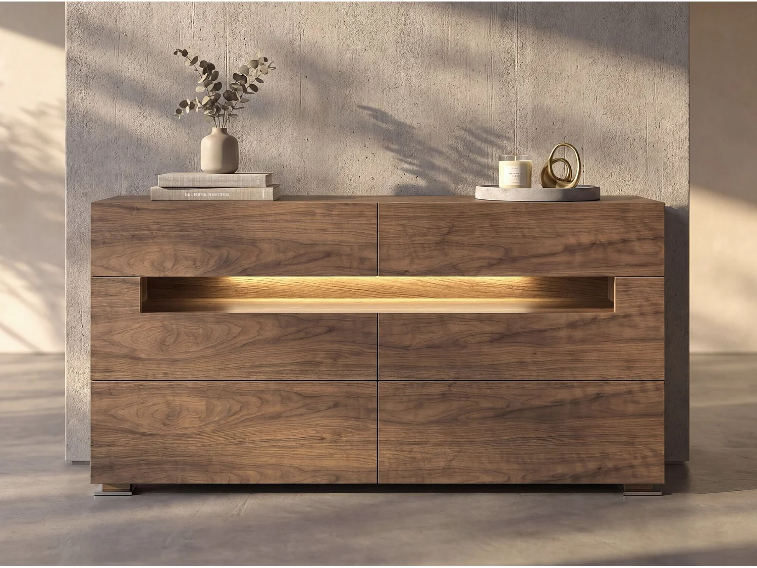 Sideboard Nussbaum und polierter Stahl mit Innenbeleuchtung 7076 ANGEL CERDA