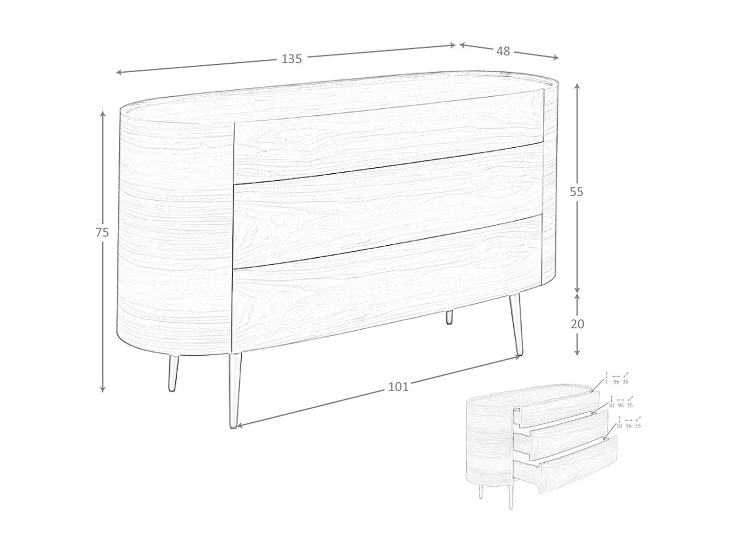 Commode en noyer avec plateau en verre trempé 7073 ANGEL CERDA