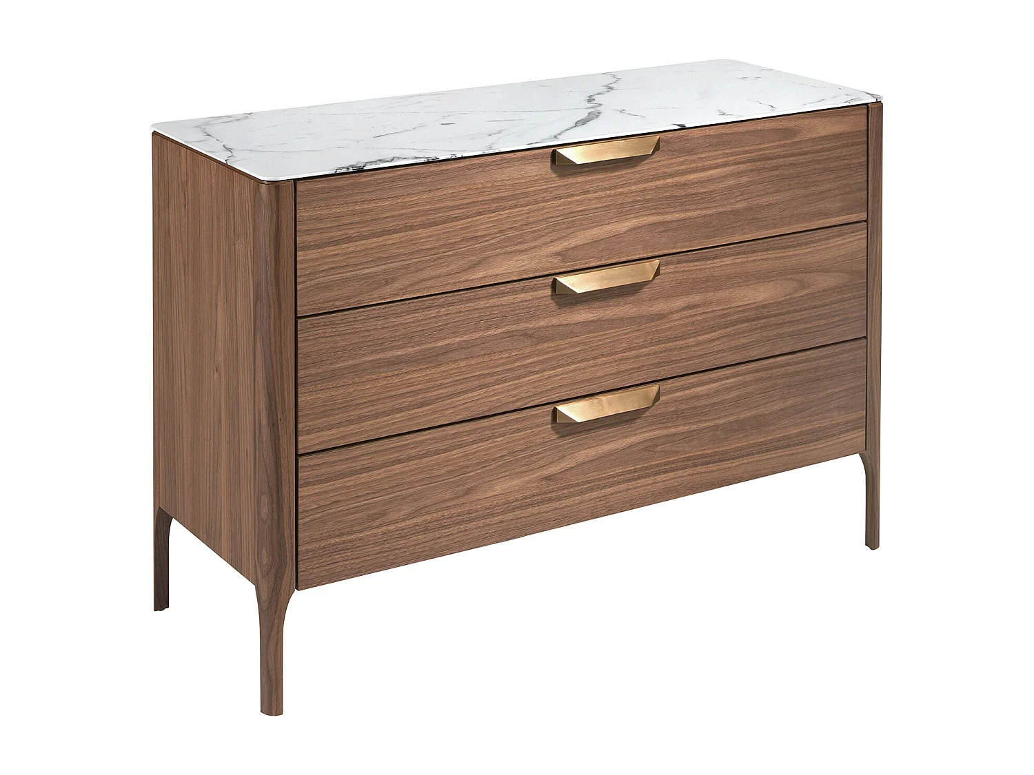 Komoda z drewna orzechowego z blatem ze szkła imitującego marmur