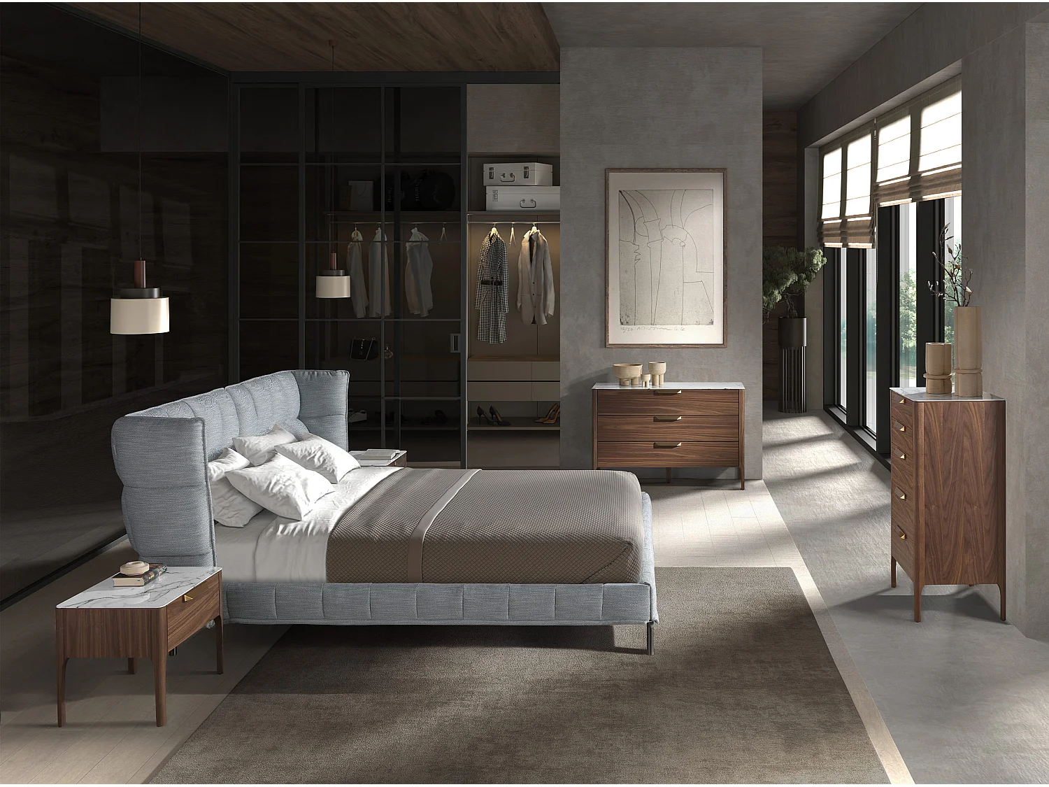 Komoda z drewna orzechowego z blatem ze szkła imitującego marmur