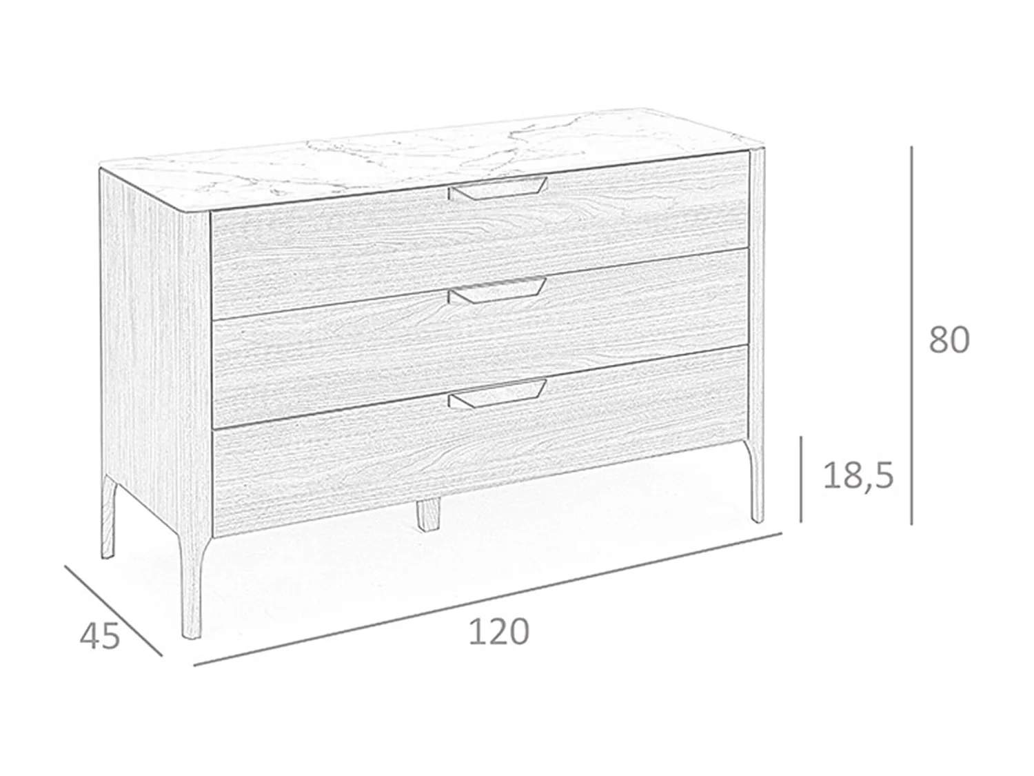 Komoda z drewna orzechowego z blatem ze szkła imitującego marmur
