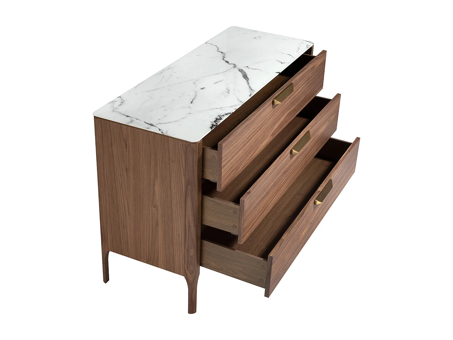 Komoda z drewna orzechowego z blatem ze szkła imitującego marmur