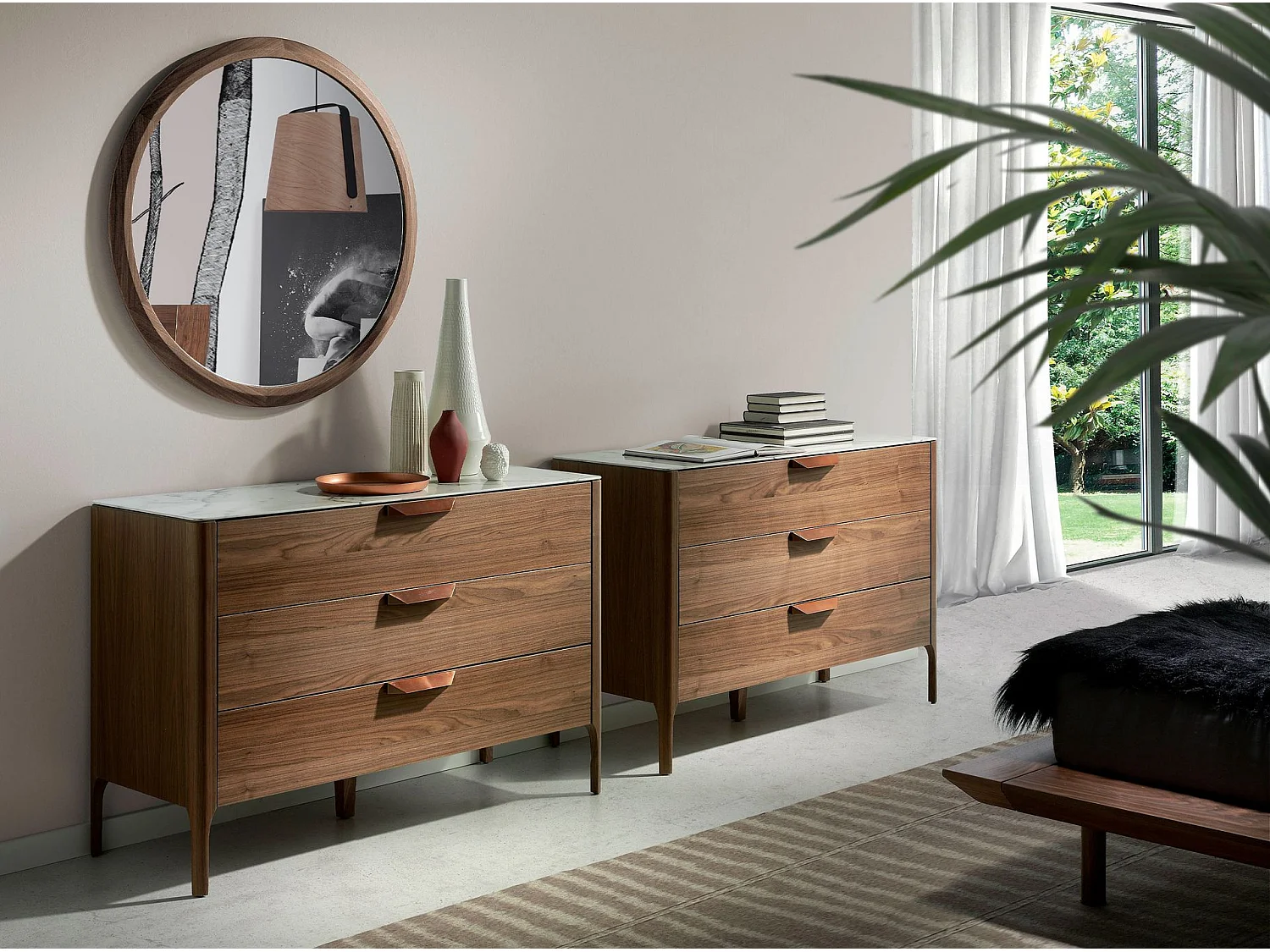 Commode en noyer avec plateau en verre effet marbre 7044 ANGEL CERDA