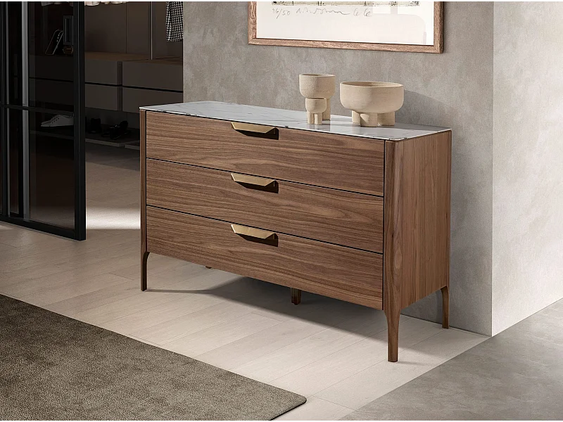 Kommode aus Nussbaumholz mit Glasplatte aus Marmorimitat 7044 ANGEL CERDA