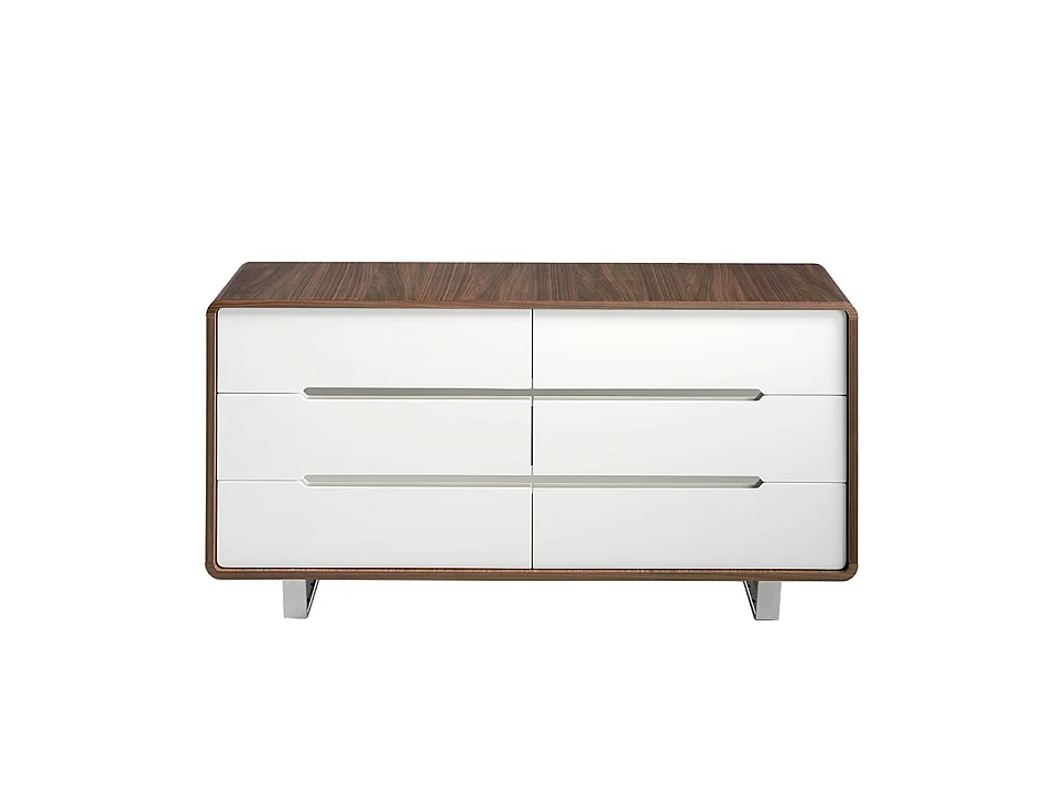 Komoda białe drewno, orzech i chromowana stal