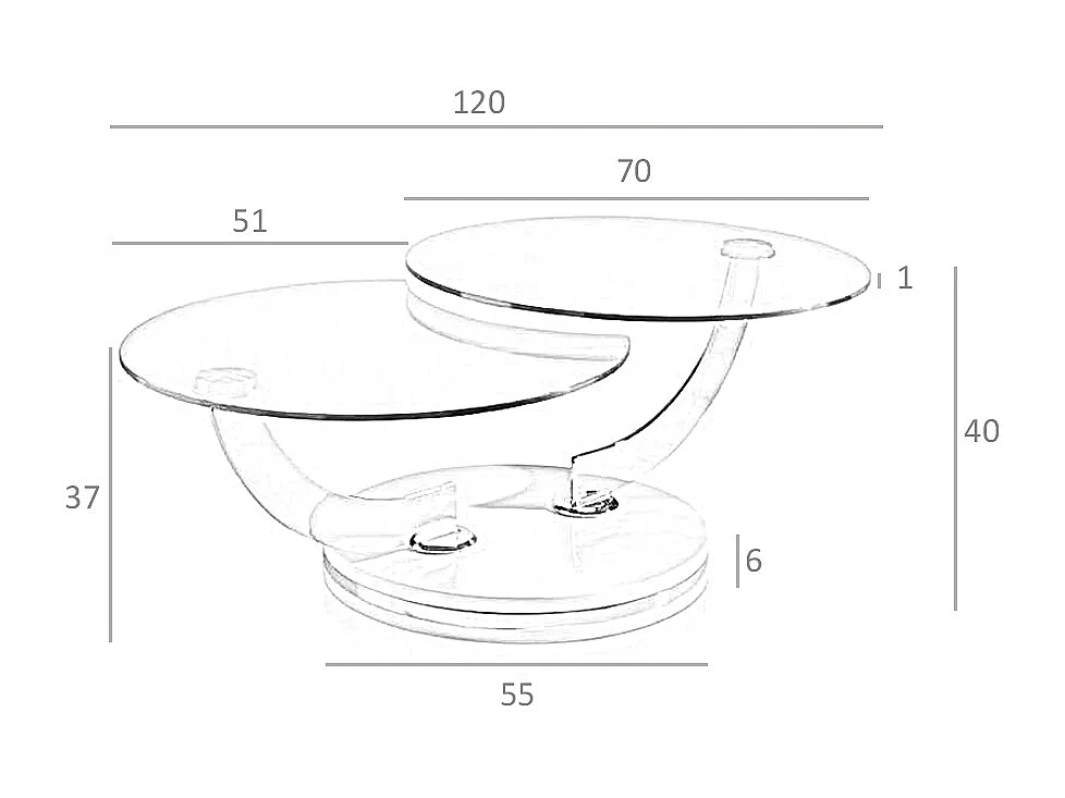 Mesa de café com tampos fixos de vidro temperado com braços giratórios curvos em aço. 2011