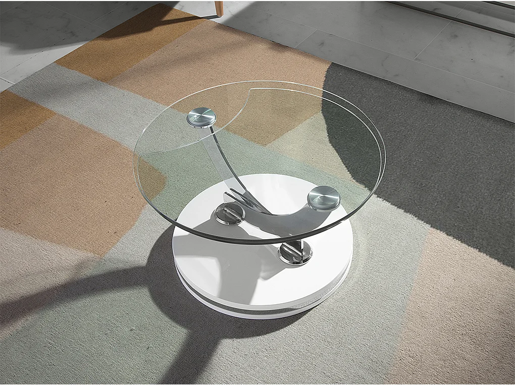 Mesa de café com tampos fixos de vidro temperado com braços giratórios curvos em aço. 2011