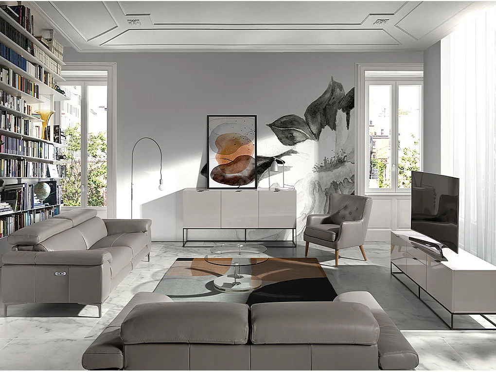 Mesa de café com tampos fixos de vidro temperado com braços giratórios curvos em aço. 2011