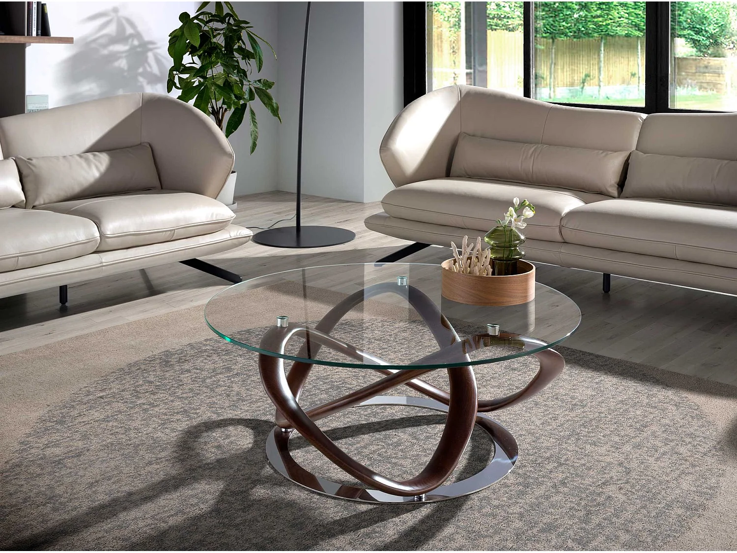 Table basse ronde en verre trempé, noyer et acier chromé 2064 ANGEL CERDA