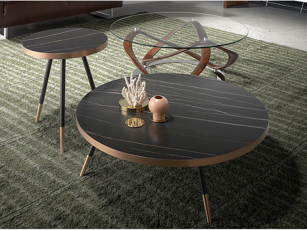 Table basse ronde en verre trempé, noyer et acier chromé 2064 ANGEL CERDA