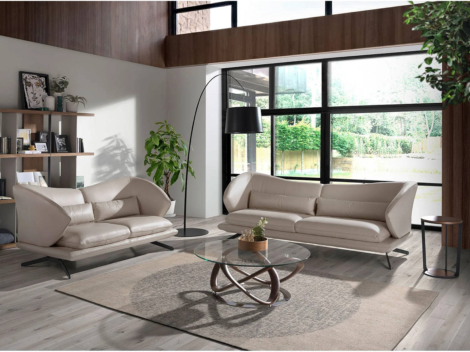 Mesa de centro redonda em vidro temperado, nogueira e aço cromado 2064 ANGEL CERDA