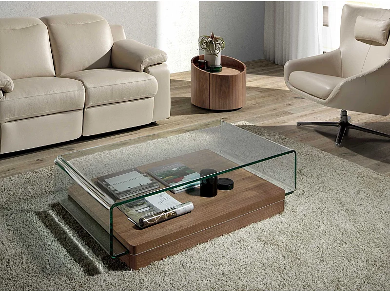 Table basse rectangulaire en verre trempé et noyer 2004 ANGEL CERDA