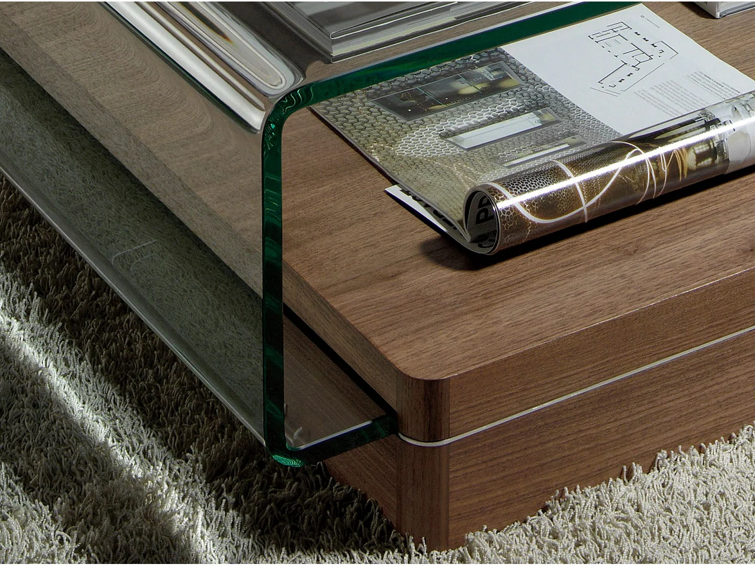 Rechthoekige salontafel van gehard glas en walnoot 2004 ANGEL CERDA