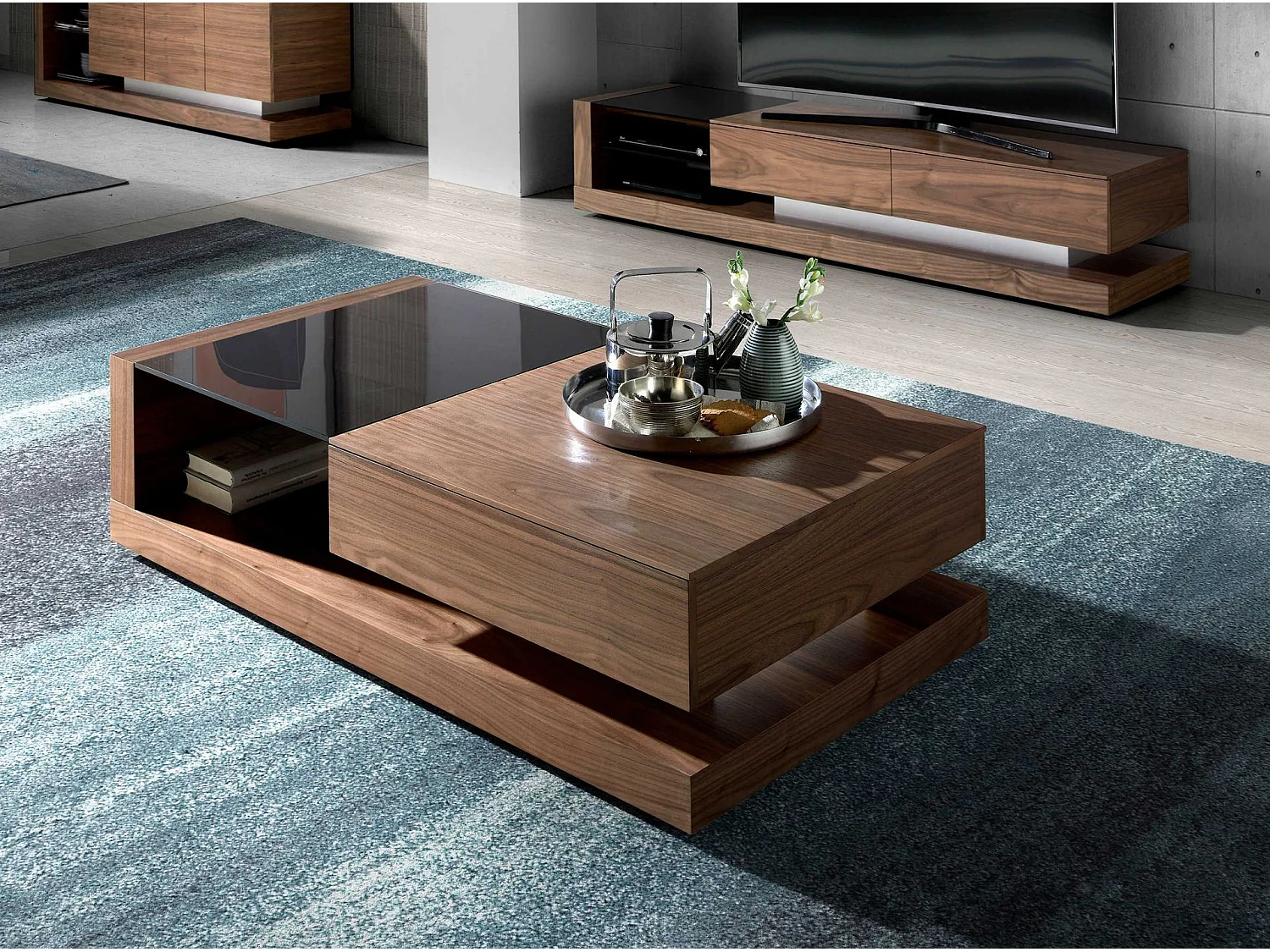 Table basse rectangulaire Table basse rectangulaire Verre noir et noyer 2061 ANGEL CERDA