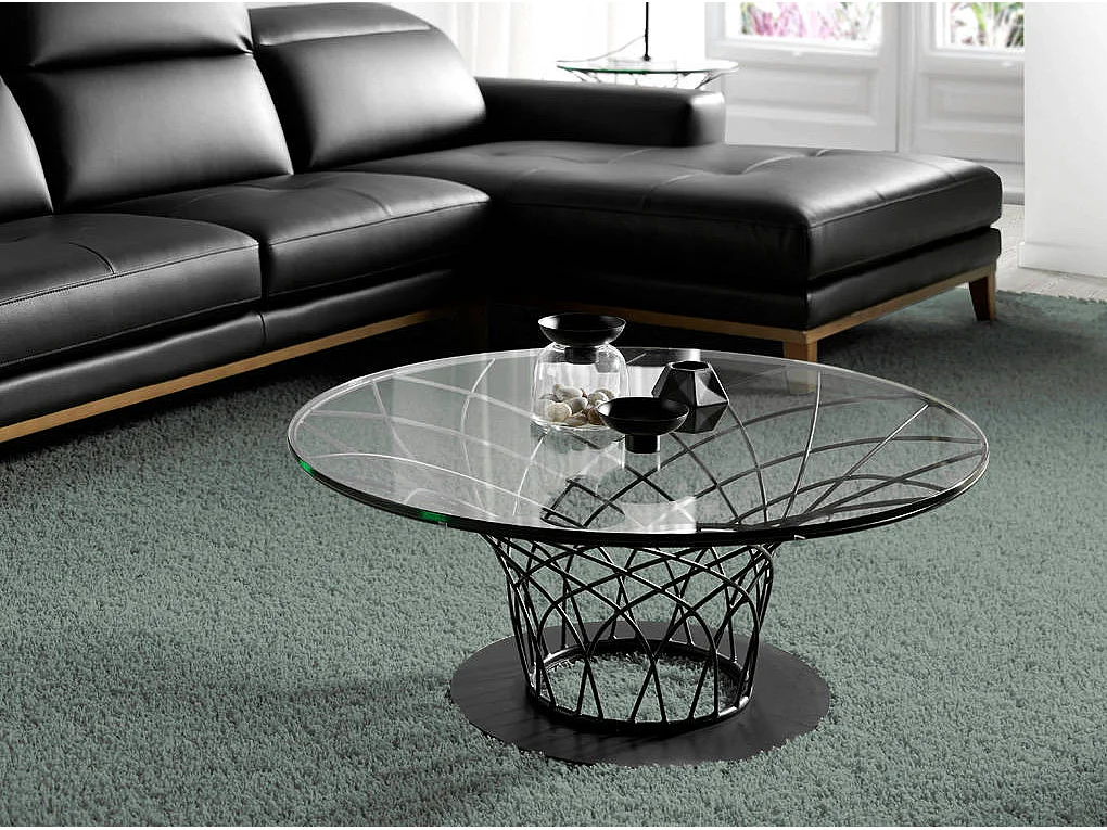 Table basse ronde en verre trempé et acier noir