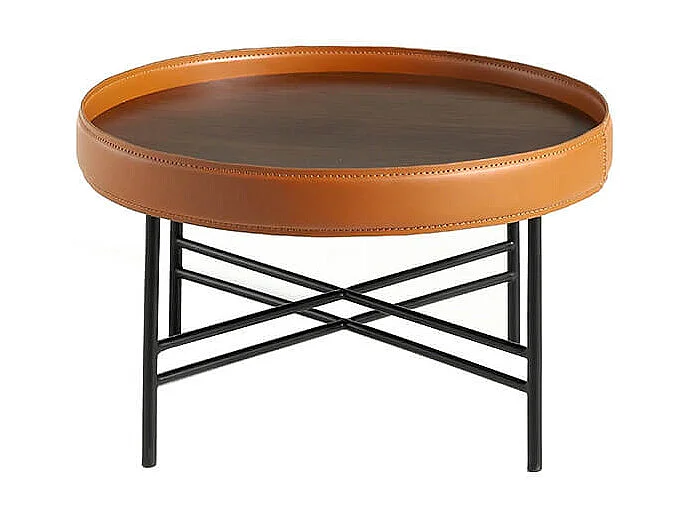 Table basse ronde en simili cuir, noyer et acier noir 2058 ANGEL CERDA