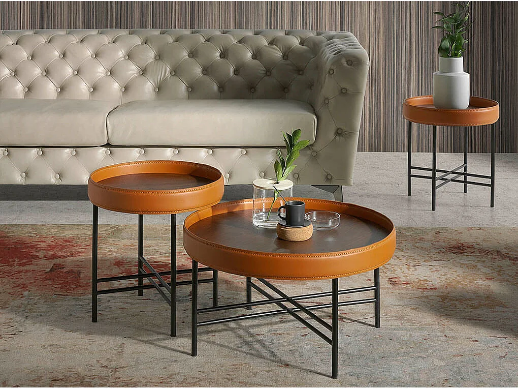 Table basse ronde en simili cuir, noyer et acier noir 2058 ANGEL CERDA