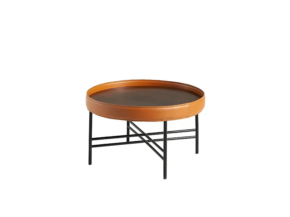 Table basse ronde en simili cuir, noyer et acier noir 2058 ANGEL CERDA