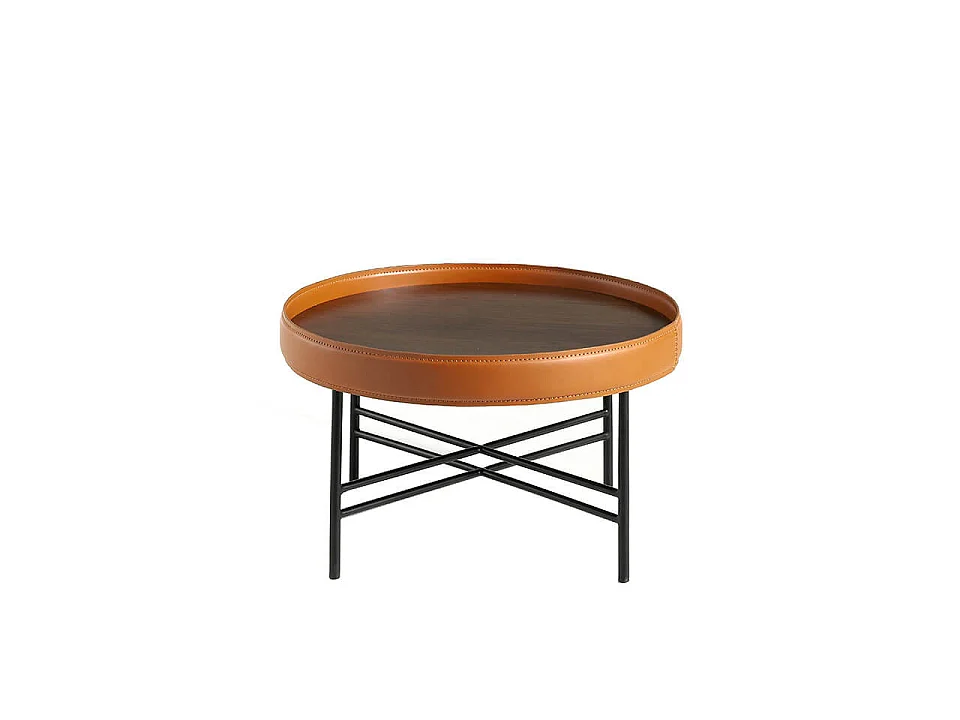 Table basse ronde en simili cuir, noyer et acier noir 2058 ANGEL CERDA