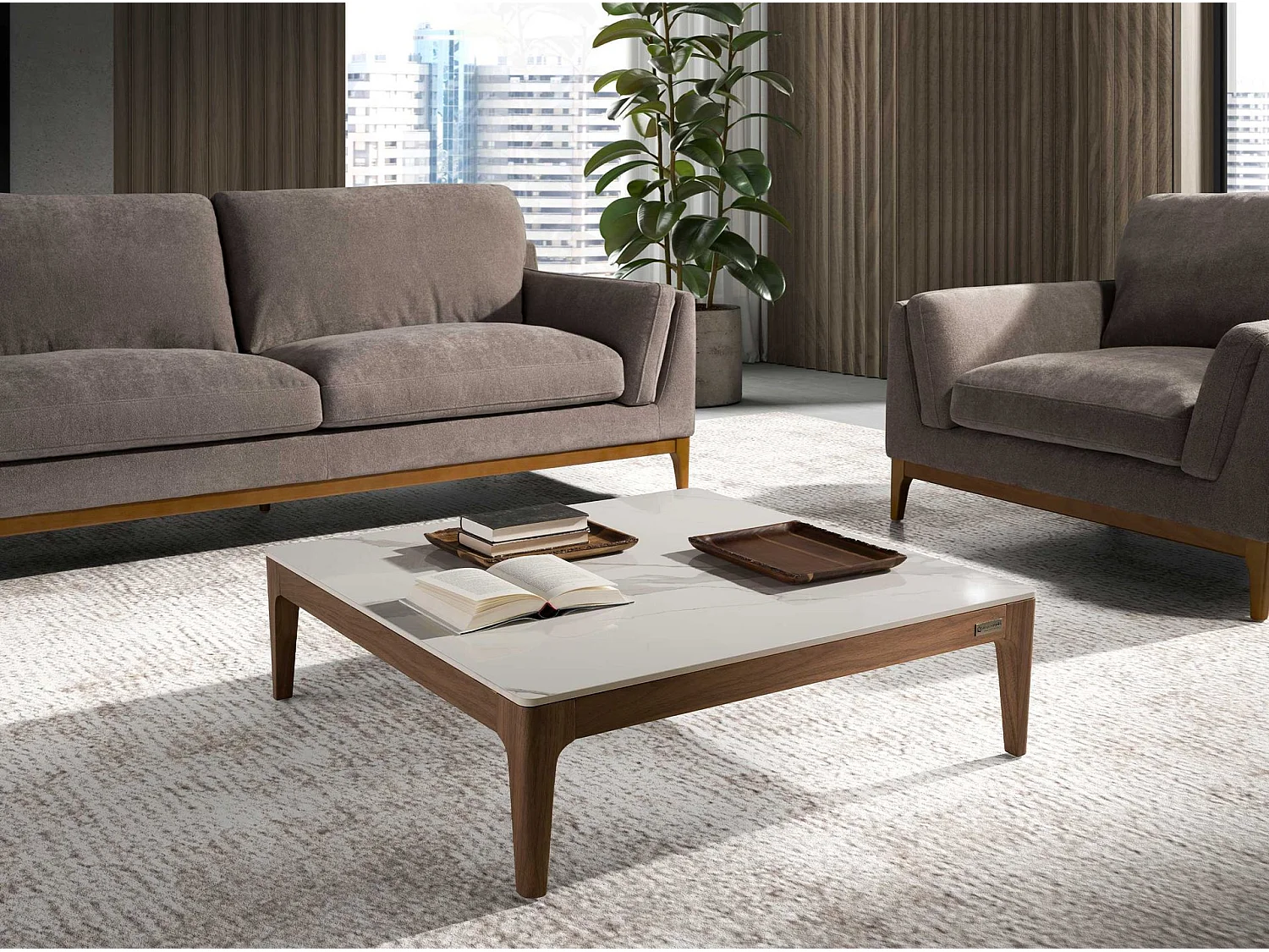 Quadratischer Couchtisch aus Porzellanmarmor und Nussbaumholz 2042 ANGEL CERDA