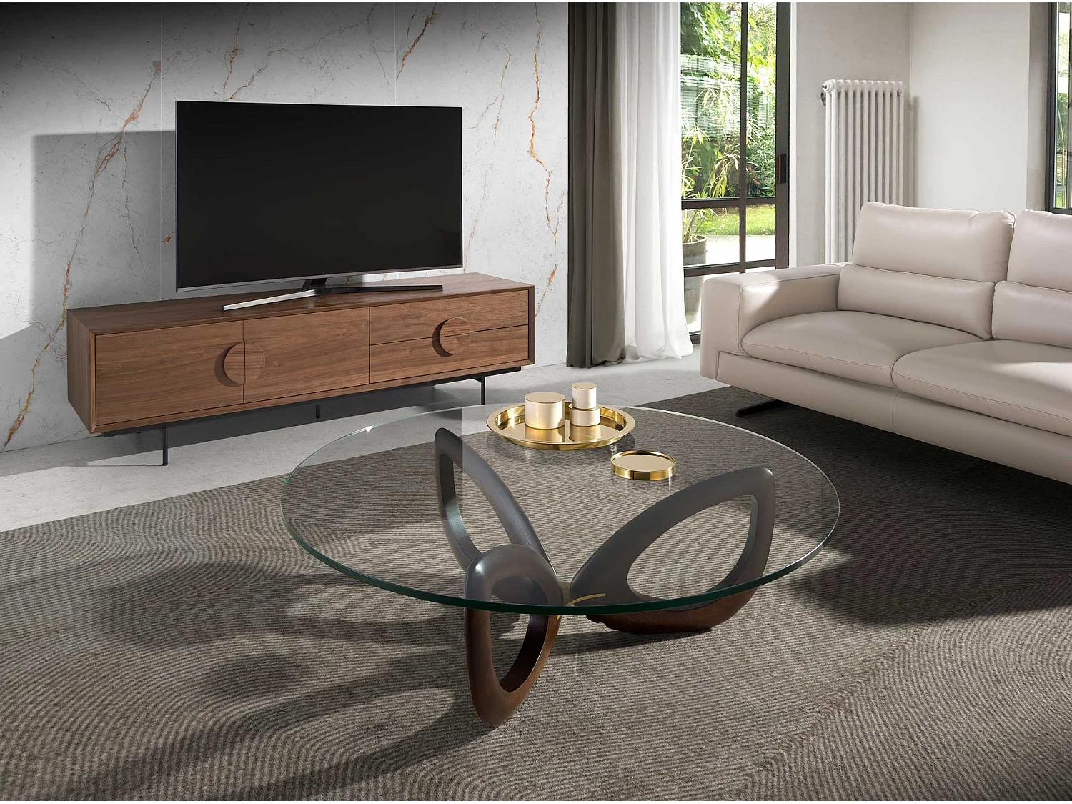 Table basse ronde en verre trempé et noyer 2053 ANGEL CERDA