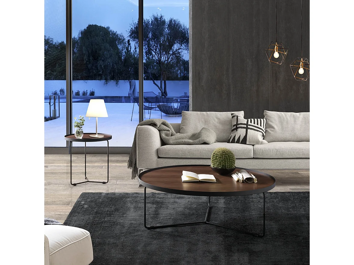 Table basse ronde bois plaqué noyer et métal noir Noka