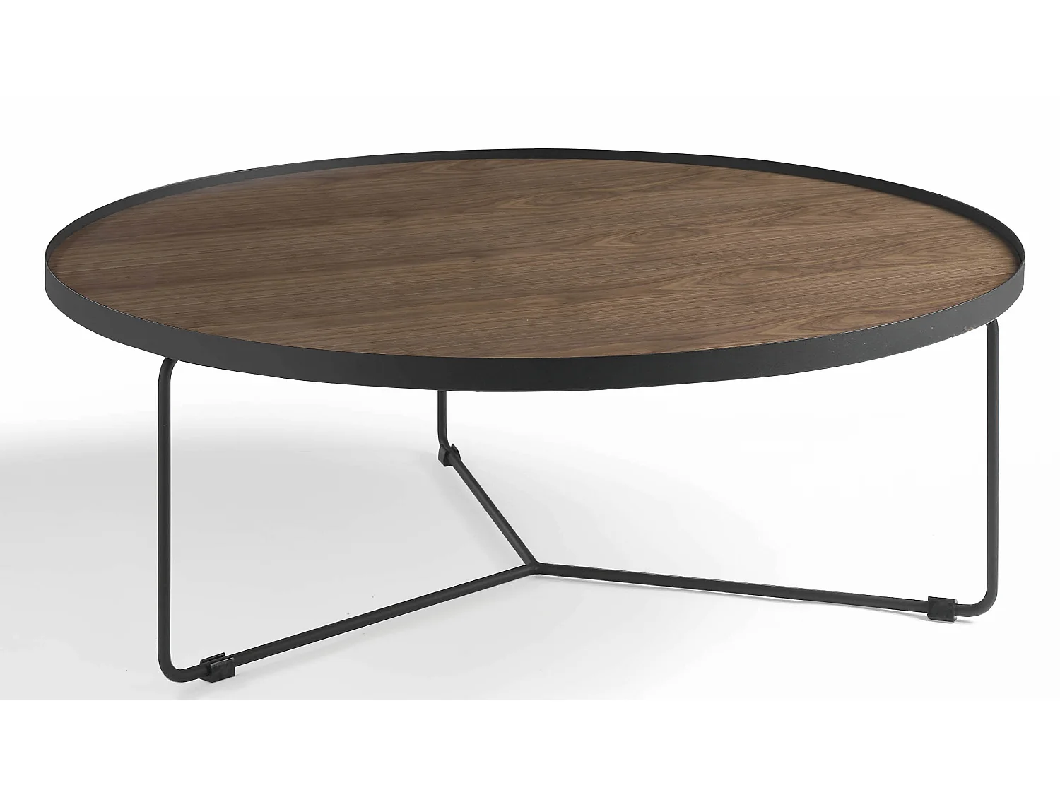 Table basse ronde bois plaqué noyer et métal noir Noka