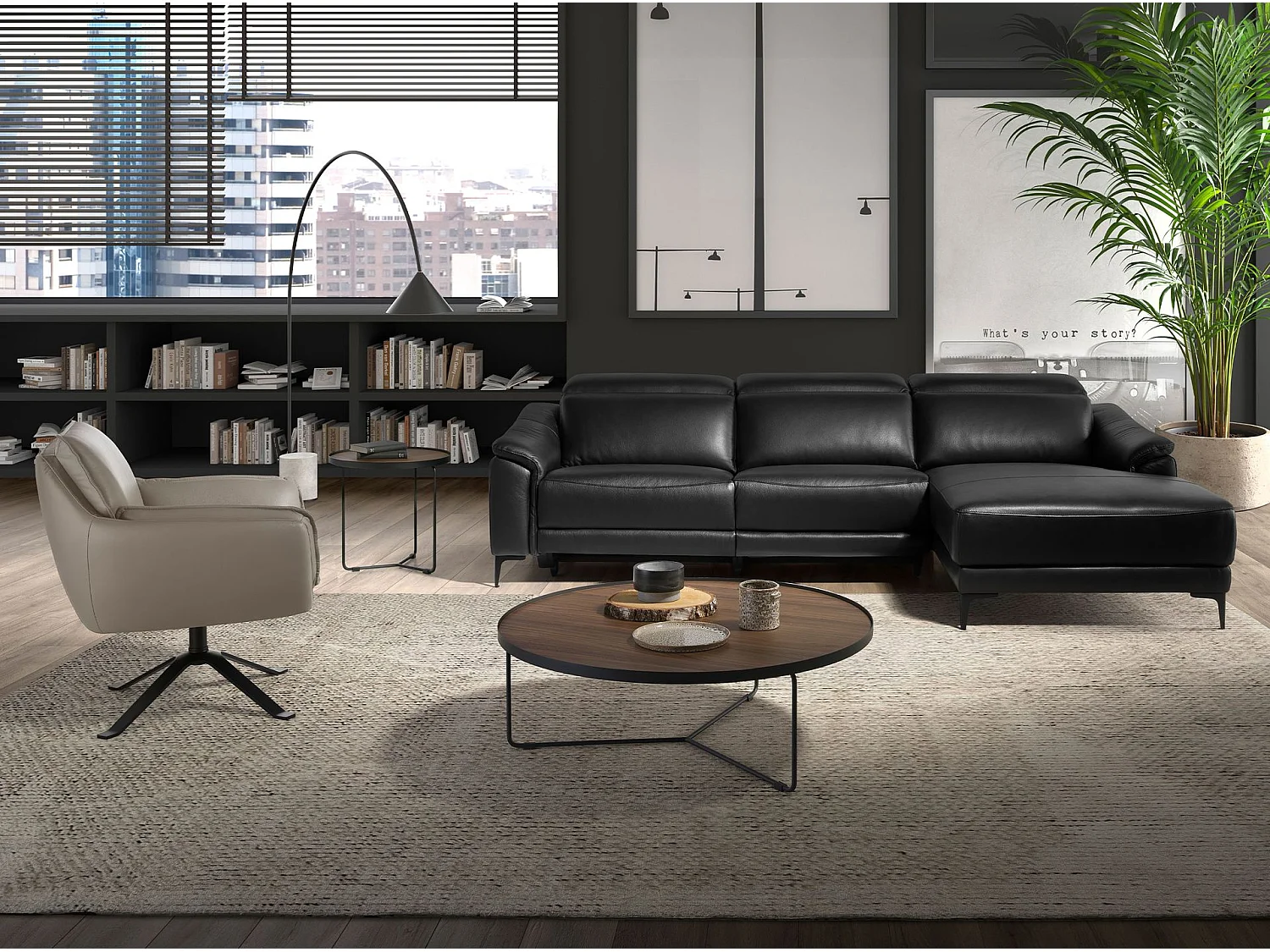 Table basse ronde bois plaqué noyer et métal noir Noka