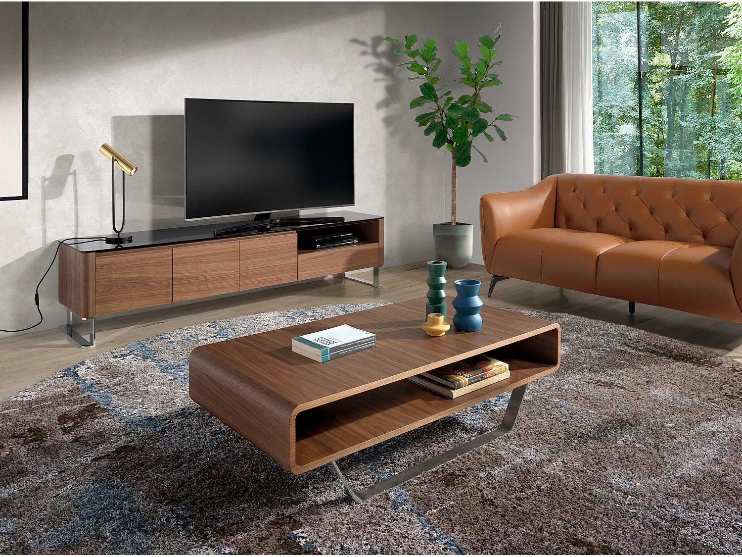 Table basse rectangulaire en noyer et acier chromé 2002 ANGEL CERDA