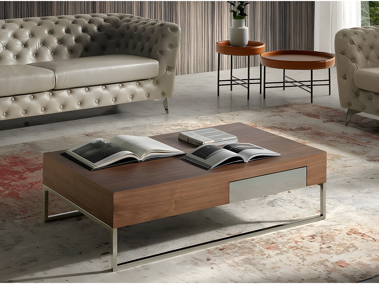 Table basse rectangulaire en noyer et acier chromé 2057 ANGEL CERDA