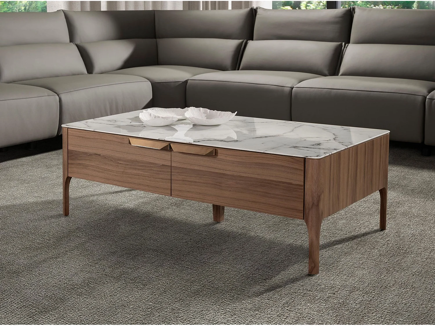 Table basse rectangulaire en verre imitant le marbre et le noyer 2046 ANGEL CERDA