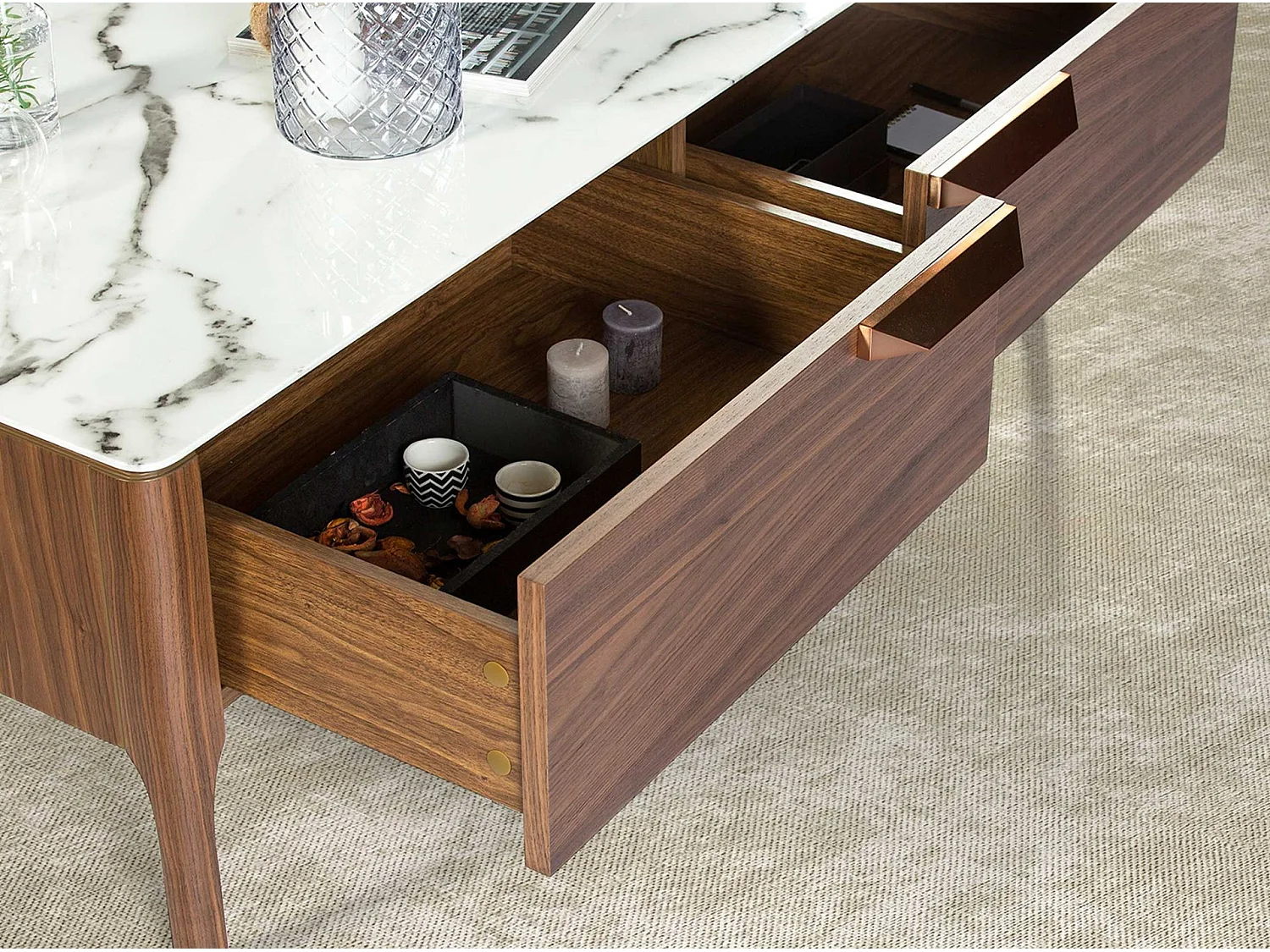 Rechthoekige glazen salontafel imiteert marmer en walnoot 2046 ANGEL CERDA