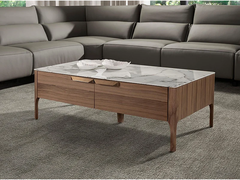 Table basse rectangulaire en verre imitant le marbre et le noyer 2046 ANGEL CERDA