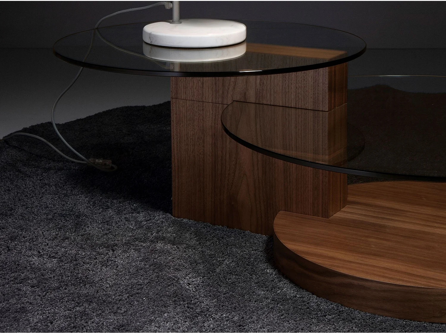 Mesa centro redonda cristal templado y nogal 2019 ANGEL CERDA