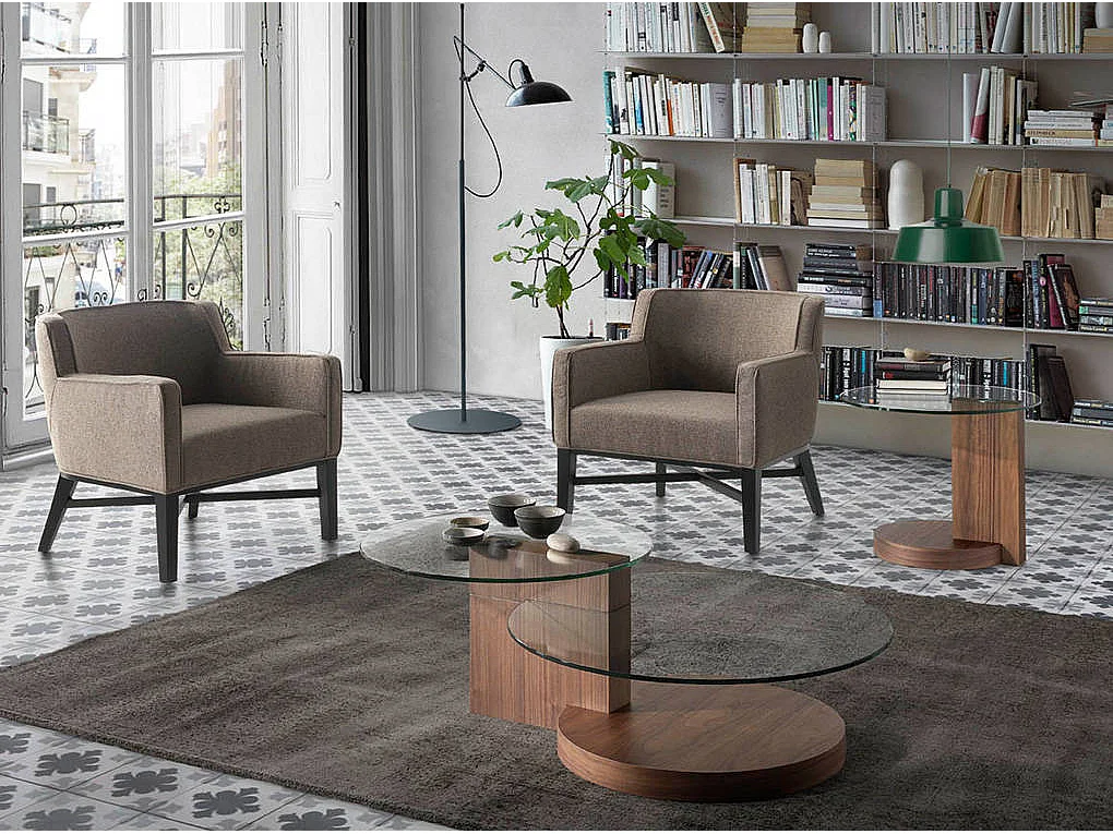 Mesa centro redonda cristal templado y nogal 2019 ANGEL CERDA