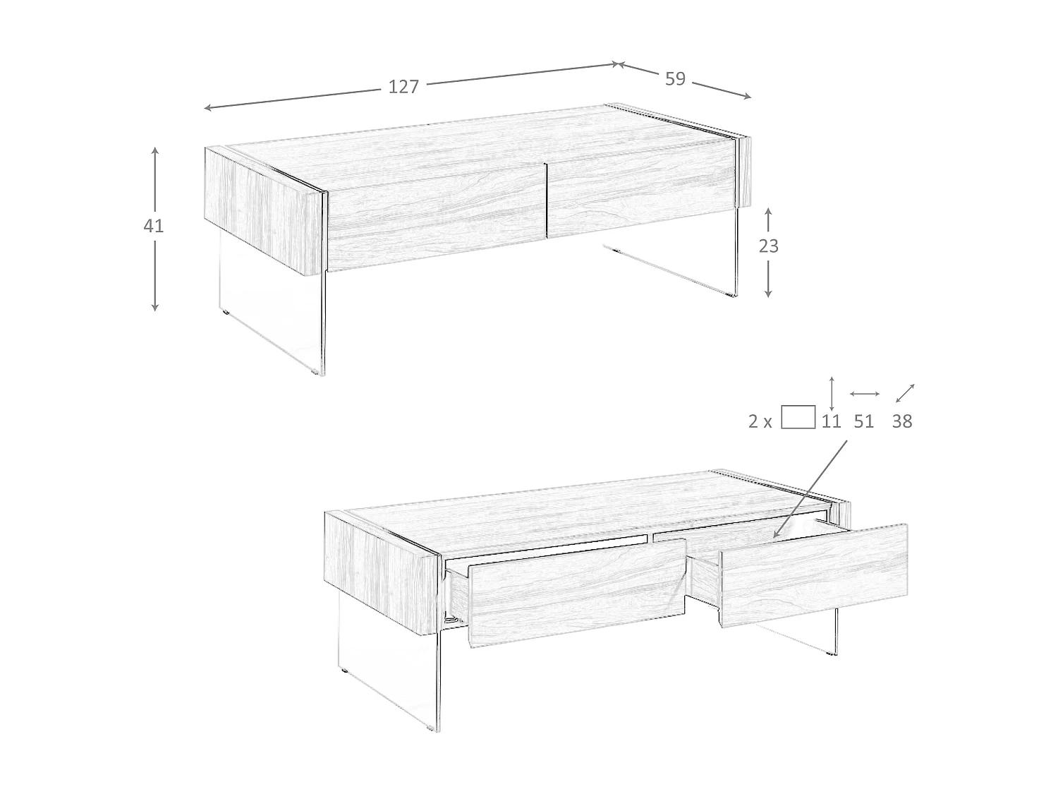 Prostokątny stolik kawowy z orzecha włoskiego i szkła hartowanego 2050 ANGEL CERDA