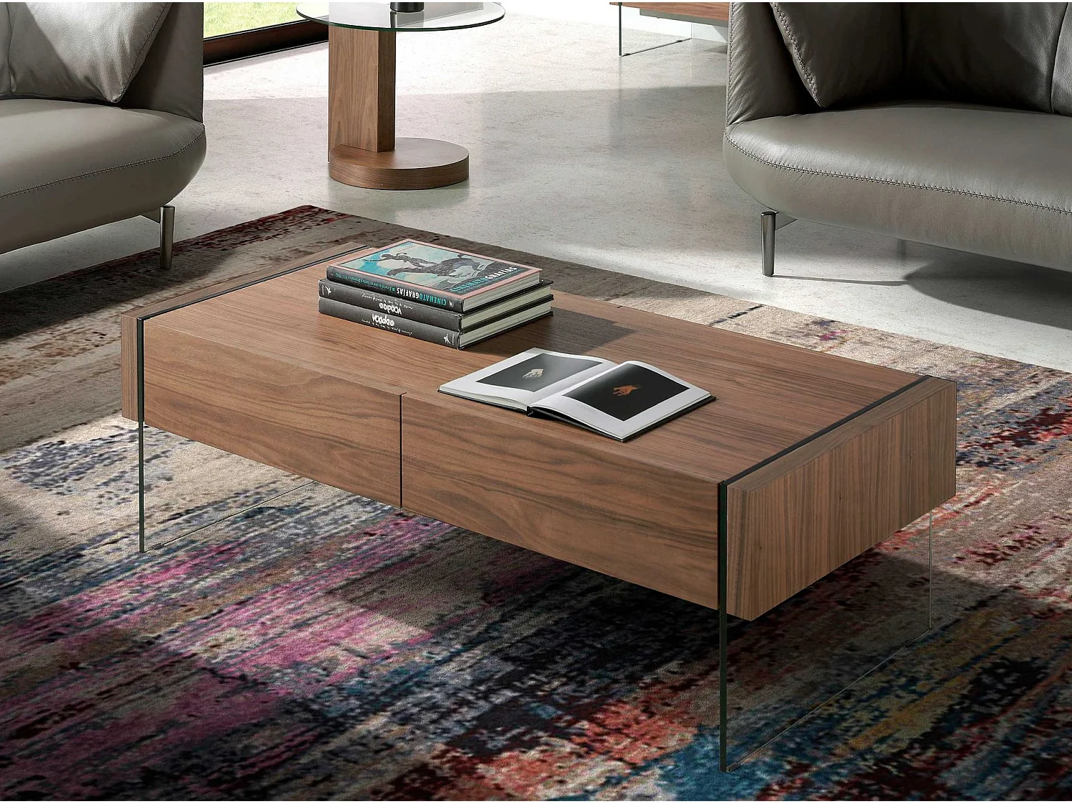 Rechthoekige salontafel walnoot en gehard glas 2050 ANGEL CERDA