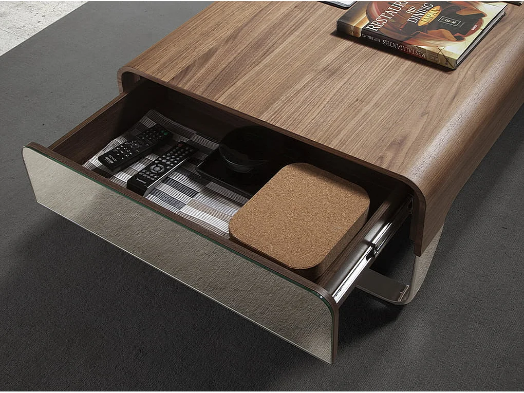 Prostokątny stolik kawowy z orzecha włoskiego i chromowanej stali 2001 ANGEL CERDA