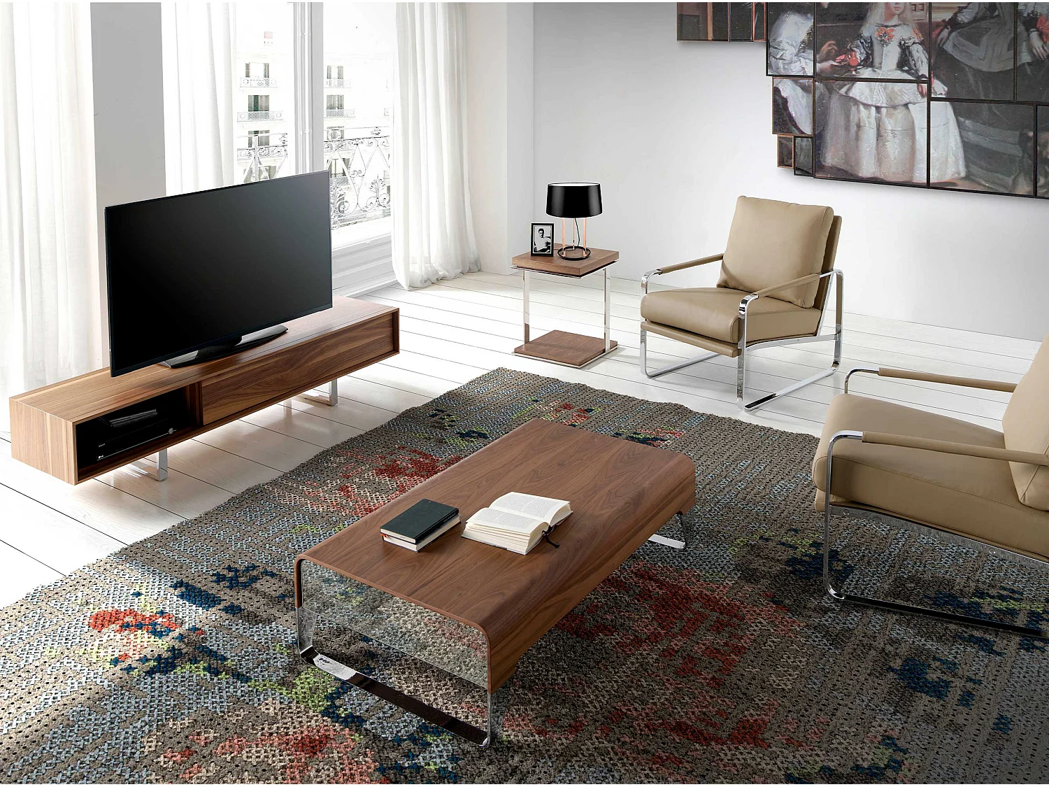 Prostokątny stolik kawowy z orzecha włoskiego i chromowanej stali 2001 ANGEL CERDA