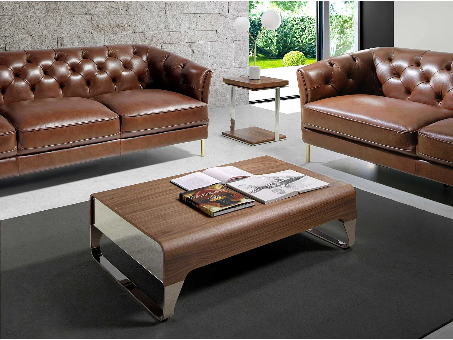 Tavolino rettangolare in noce e acciaio cromato 2001 ANGEL CERDA