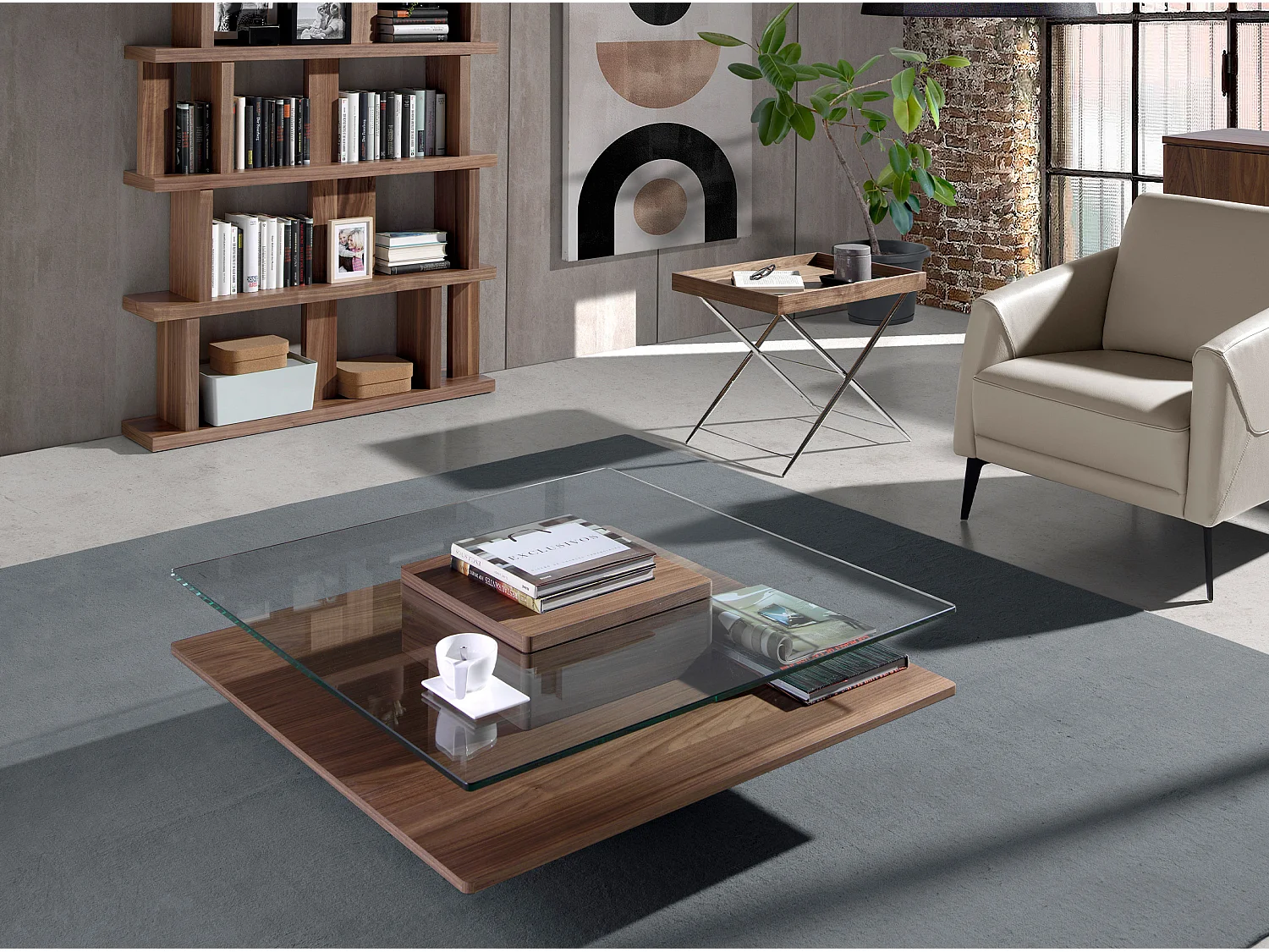 Table basse carrée en verre et noyer 2017 ANGEL CERDA