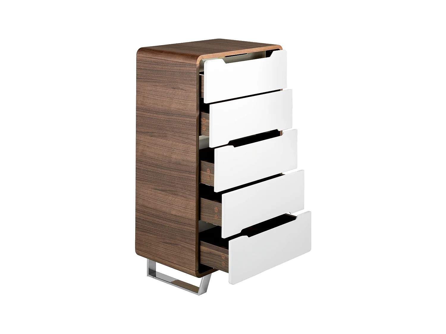 Kommode weißes Holz, Nussbaum und verchromter Stahl