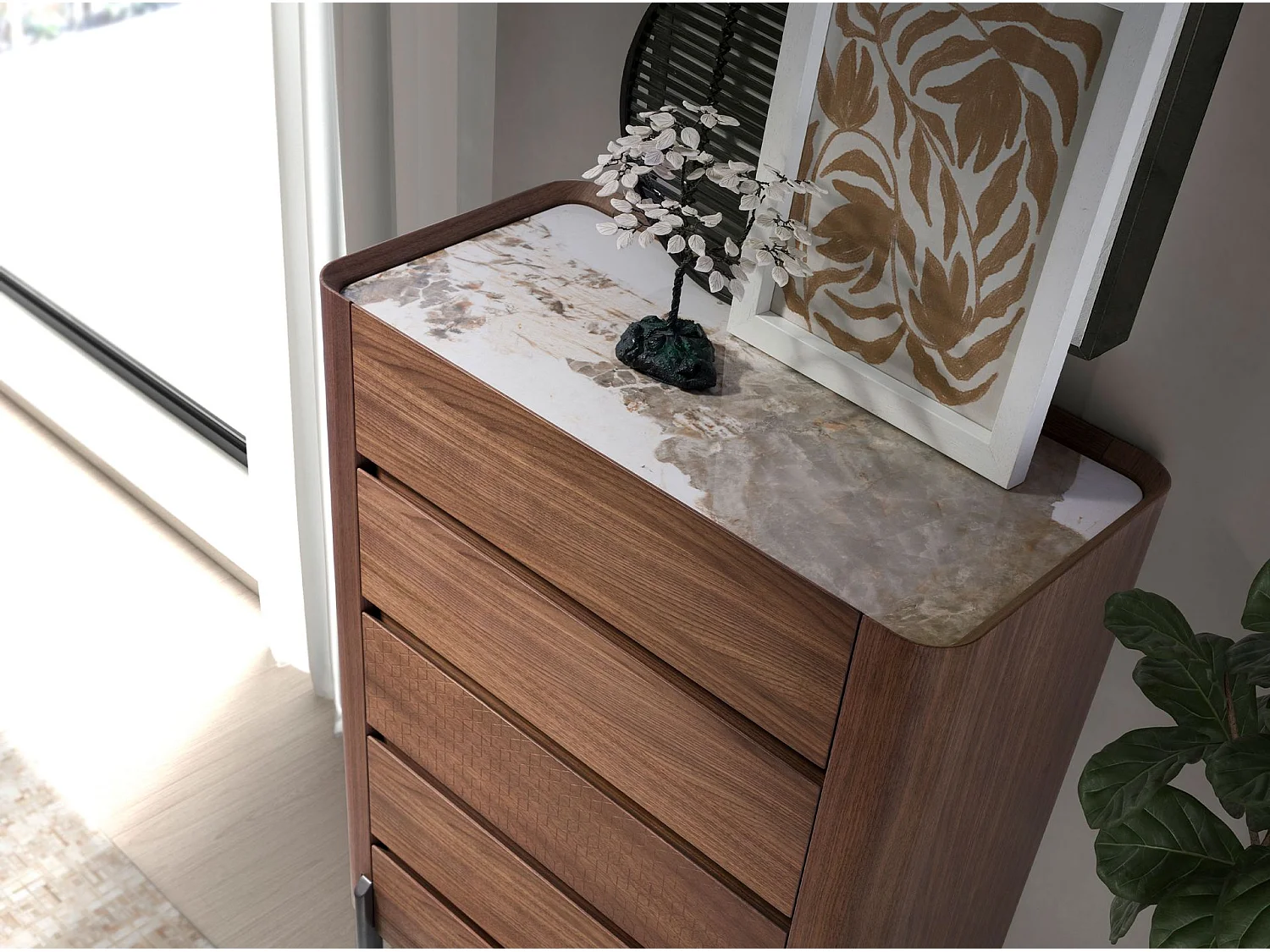 Kommode weißes Holz, Nussbaum und verchromter Stahl 7111 ANGEL CERDA